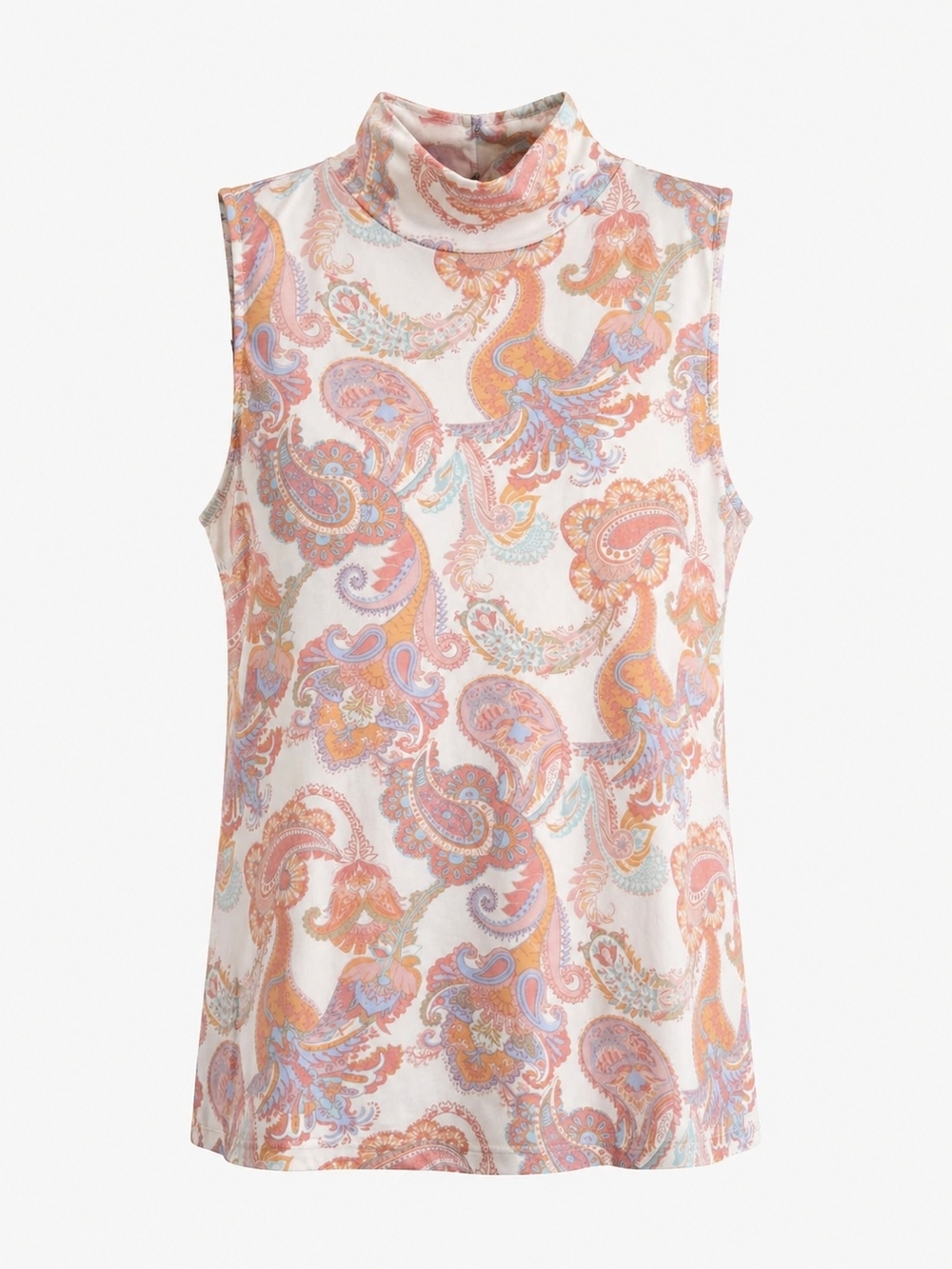 Paisley Mock Neck Sleeveless Tank Top - Pink & Orange